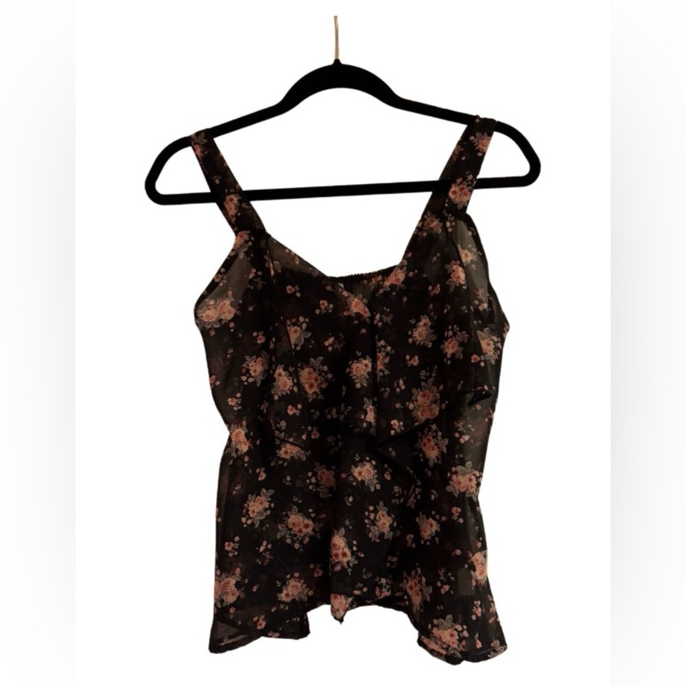 KANVAS Black Sheer Tank With Flowers